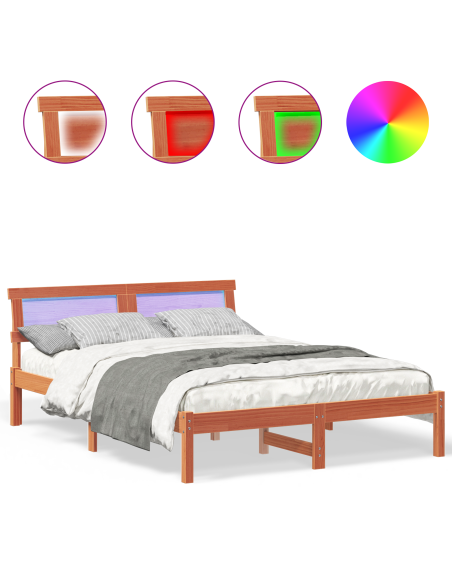 Struttura Letto con Testiera & LED Marrone Cerato 120x190 cm in Legno Massello di Pino