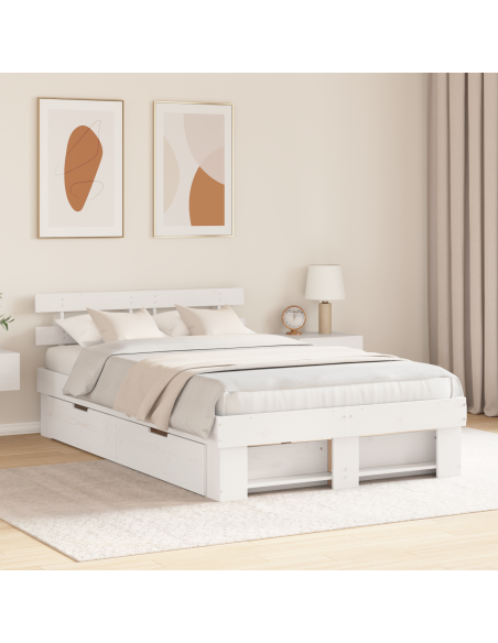 Struttura Letto con Cassetti Bianca 135x190 cm Legno Massello di Pino