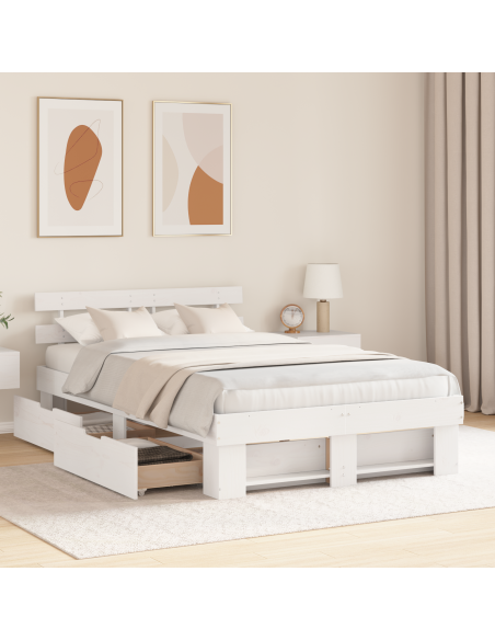Struttura Letto con Cassetti Bianca 135x190 cm Legno Massello di Pino