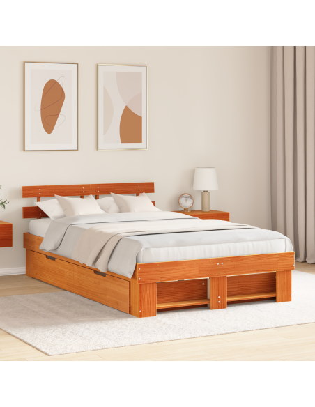 Struttura Letto con Cassetti Marrone Cerato 140x190 cm Legno Massello di Pino