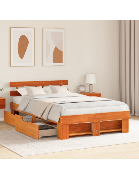 Struttura Letto con Cassetti Marrone Cerato 140x190 cm Legno Massello di Pino