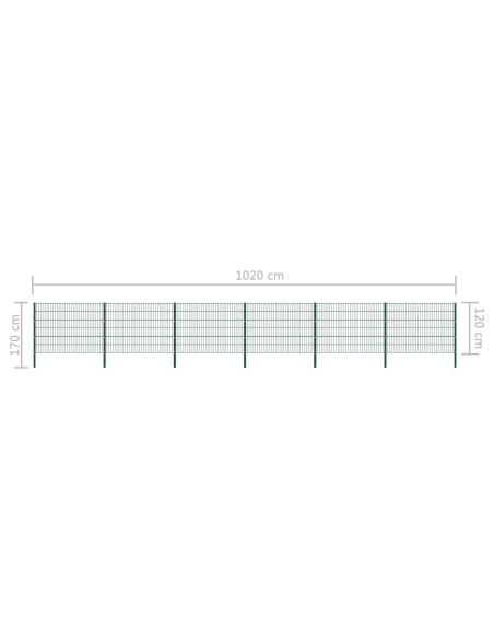 Pannello di Recinzione con Pali in Ferro 10,2x1,2 m Verde