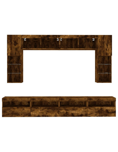 Set Mobili TV a Muro 8 pz con Luci LED Rovere Fumo