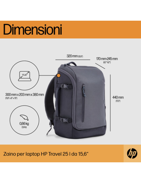HP Zaino grigio scuro per laptop da 15,6" Travel 25 litri