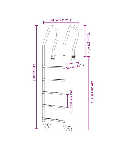 Scala per Piscina 54x38x211 cm Acciaio Inox 304