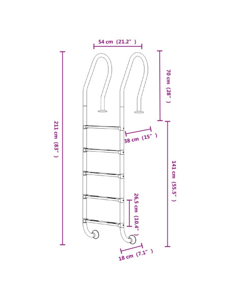 Scala per Piscina 54x38x211 cm Acciaio Inox 304