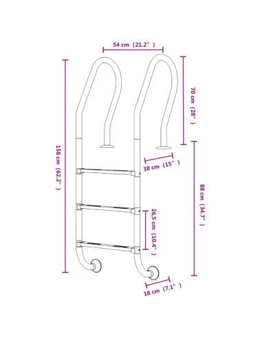 Scala per Piscina 54x38x158 cm Acciaio Inox 304