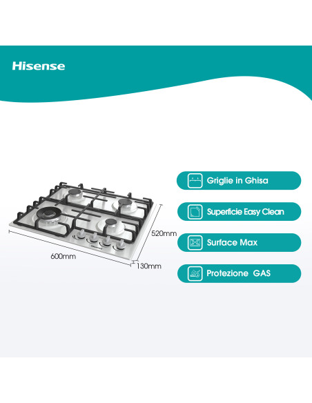 Hisense GM663XB piano cottura Acciaio inox Da incasso 60 cm Gas 4 Fornello(i)