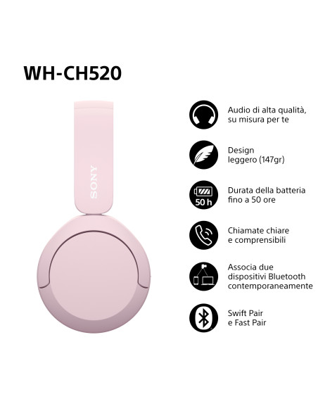 Sony WHCH520P.CE7 cuffia e auricolare Wireless A Padiglione Musica e Chiamate USB tipo-C Bluetooth Rosa