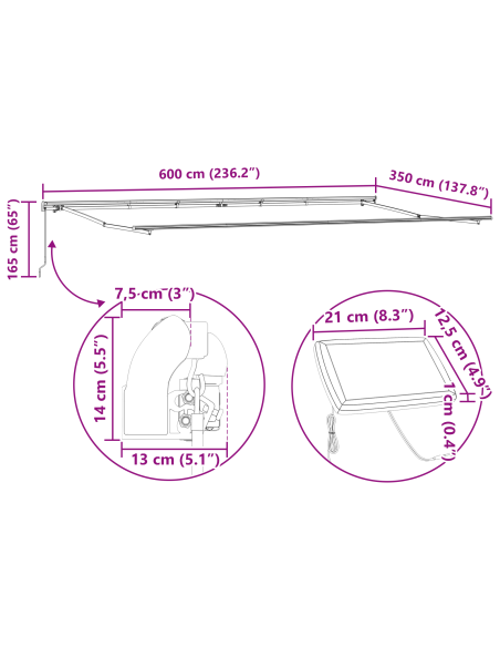 Tenda Manuale Retrattile con LED Arancione e Marrone 600x350 cm