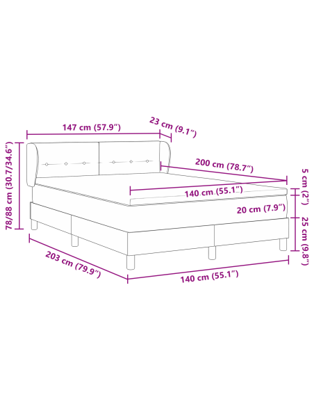 Letto Box Spring con Materasso in Crema, 140x200 cm, Tessuto