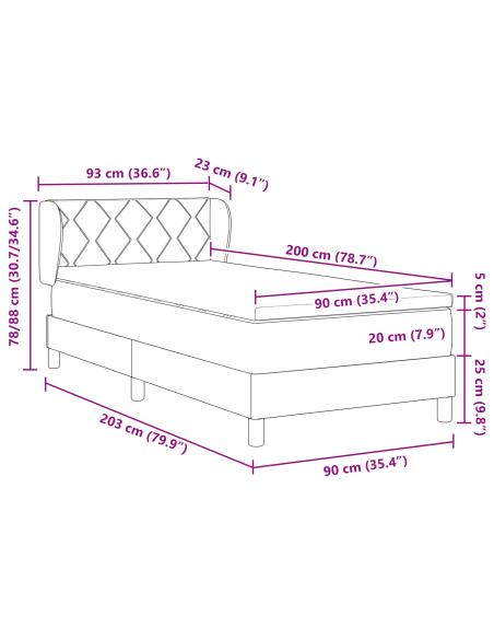 letto a box spring  con materasso nero 90x200 cm in tessuto