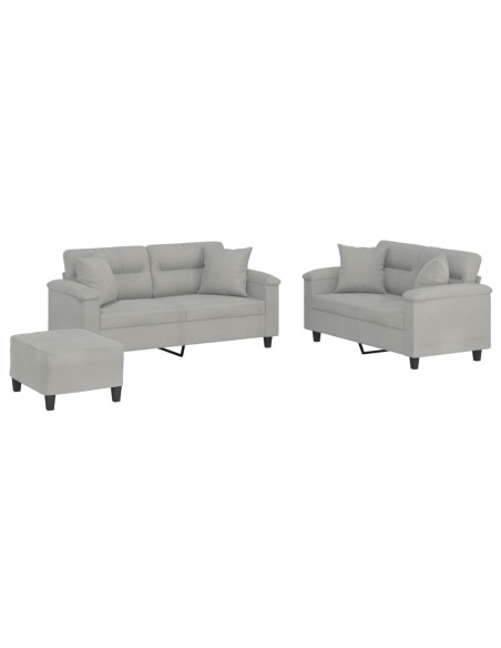 Set Divani 3 pz con Cuscini Grigio Chiaro in Tessuto Microfibra