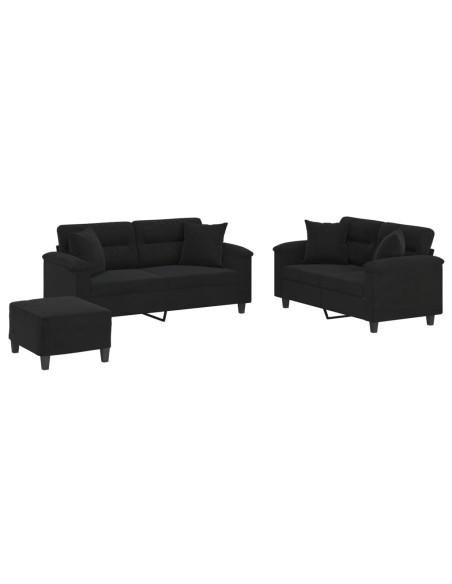 Set Divani 3 pz con Cuscini Nero in Tessuto Microfibra
