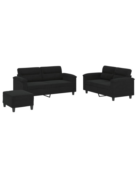 Set Divani 3 pz con Cuscini Nero in Tessuto Microfibra
