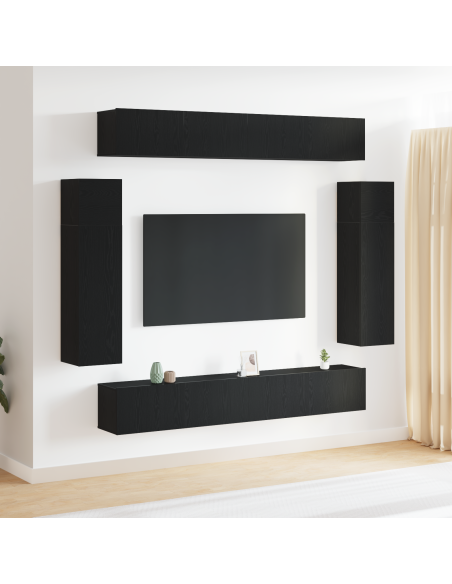 Set di 8 Pezzi Mobile TV a Parete  in Rovere Nero Legno Ingegnerizzato