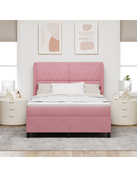 Letto Box Spring  con Materasso Rosa 140x190 cm in Velluto