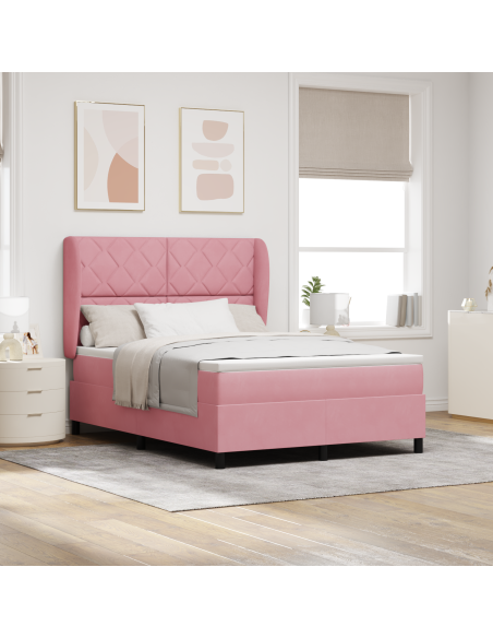 Letto Box Spring in Velluto Rosa con Materasso 140x200 cm