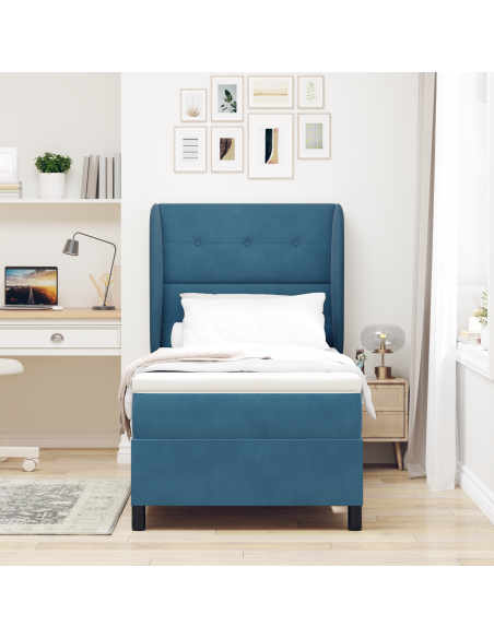 Letto a molle con materasso  in blu scuro, 90x200 cm, velluto