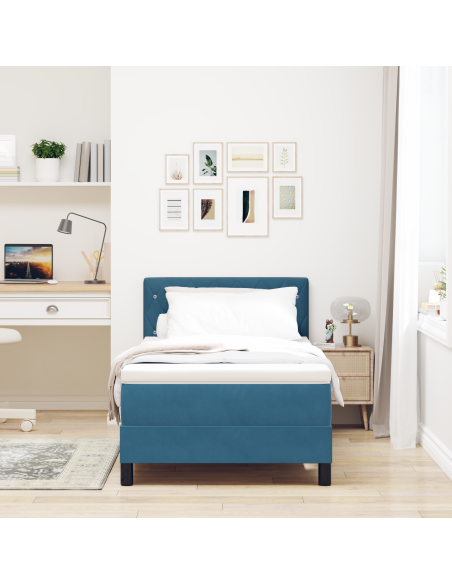 Letto a Molle con Materasso e LED Blu Scuro 100x200 cm Velluto