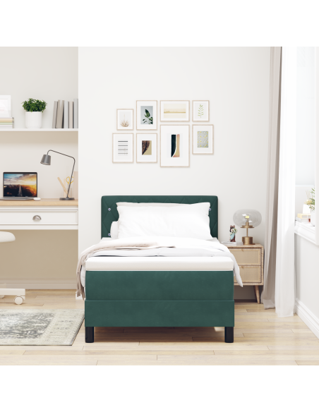 Letto Box Spring  con Materasso e LED Verde Scuro 100x200 cm Velluto