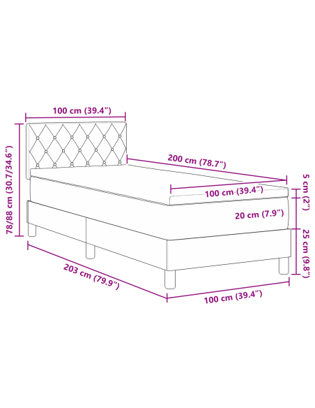 Letto a Sorgente LED con led Grigio scuro 100 x 200 cm Velluto