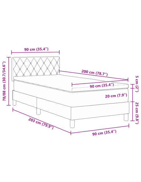 Letto a Sorgente LED con materasso Nero 90 x 200 cm Velluto
