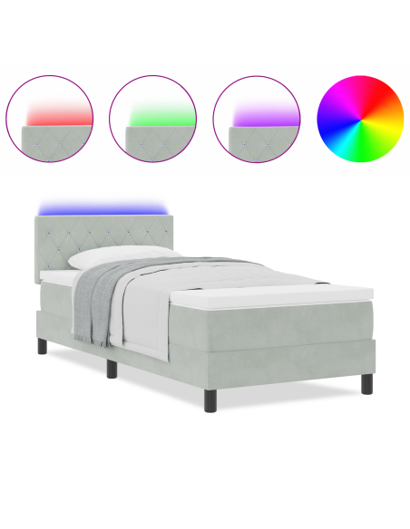 Letto Box Spring con Materasso e Luce LED Grigio Chiaro 90x200 cm Velluto