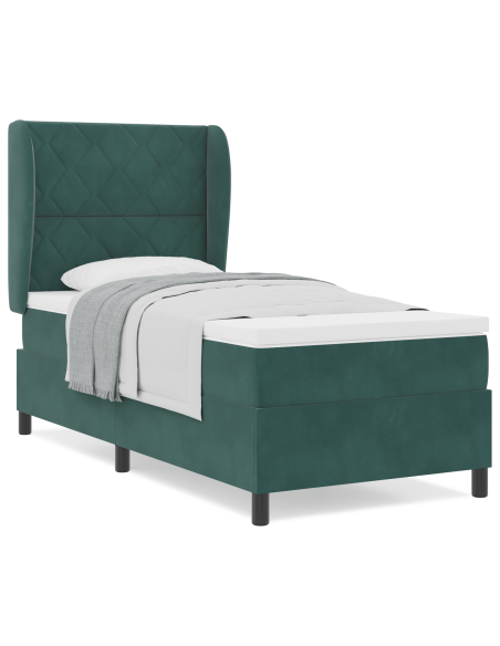 Letto Box Spring  con Materasso in Verde Scuro, 90x200 cm, Velluto