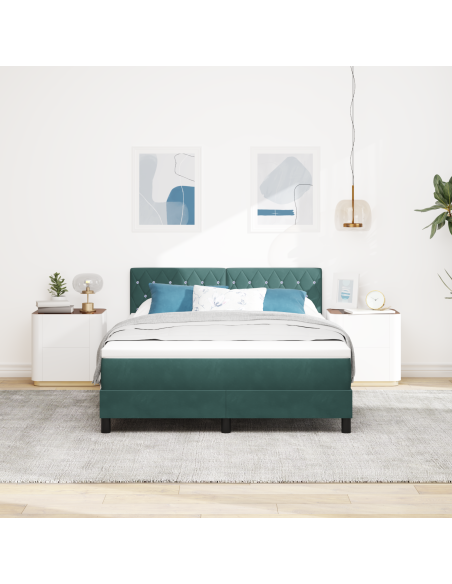 Letto Box Spring con Materasso e LED Verde Scuro 140x190 cm in Velluto