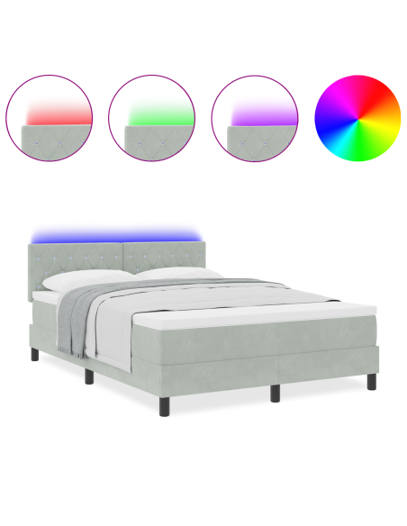 Letto a Sorgente LED con led Grigio chiaro 140 x 190 cm Velluto