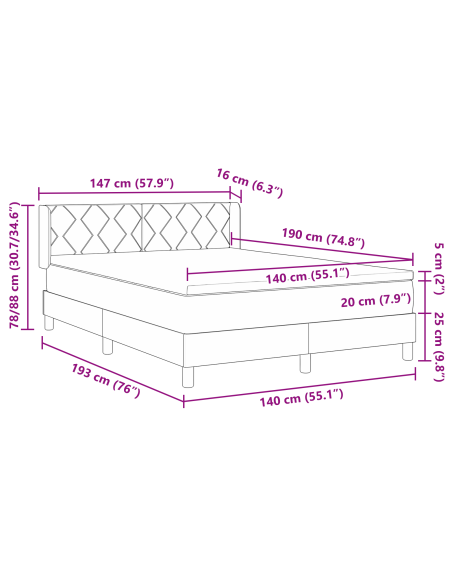 Letto con Box Spring e Materasso Grigio Scuro 140x190 cm in Tessuto