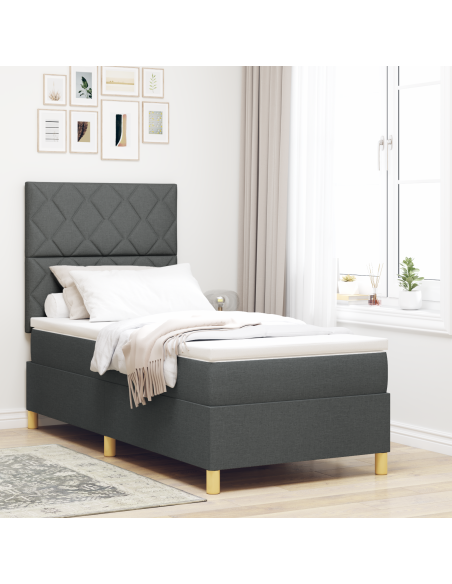 Letto a molle e materasso & LED grigio scuro 100x200 cm in tessuto