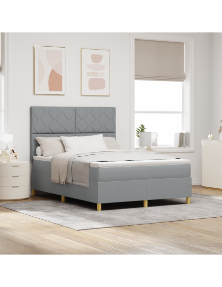 Letto con box spring con materasso e luci LED grigio chiaro 140x200 cm in tessuto