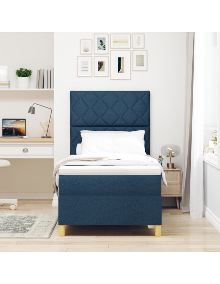 Letto Box Spring con Materasso & LED Blu 90x190 cm in Tessuto