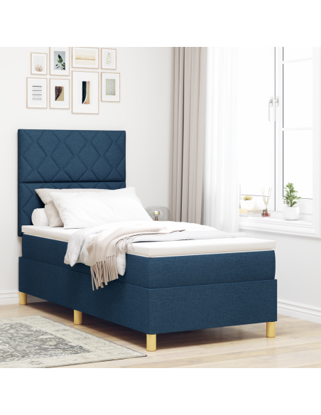Letto Box Spring con Materasso & LED Blu 90x190 cm in Tessuto