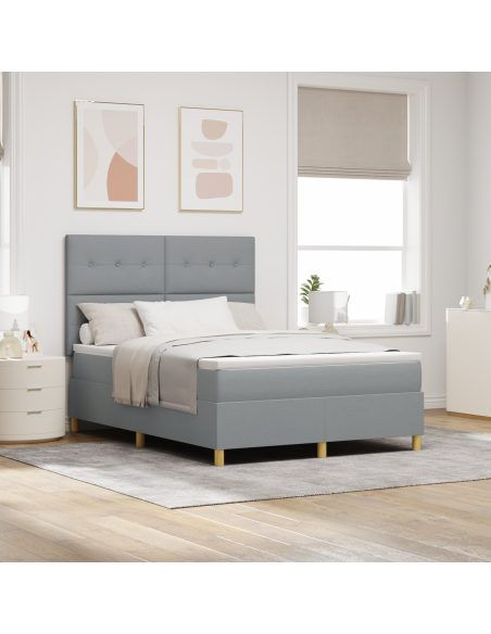 Letto Box Spring con Materasso e Luce LED Grigio Chiaro 140x190 cm in Tessuto