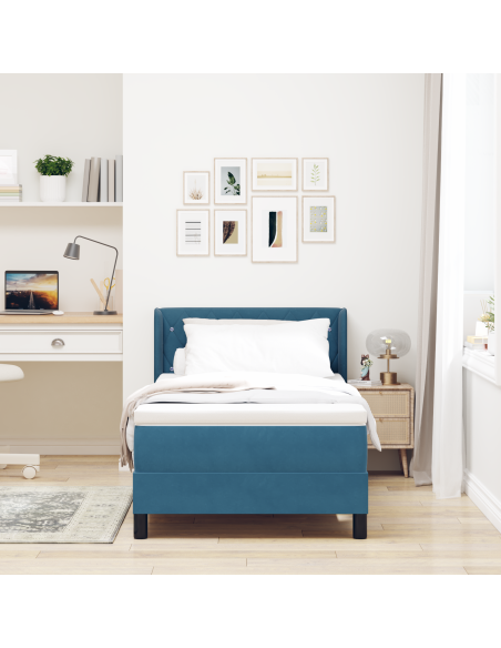 Letto a Molle con Materasso Blu Scuro 90x190 cm Velluto
