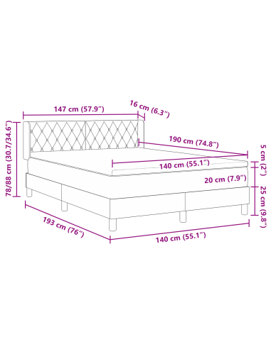 Letto a molle con testiera Grigio scuro 190 x 140 cm Poliestere