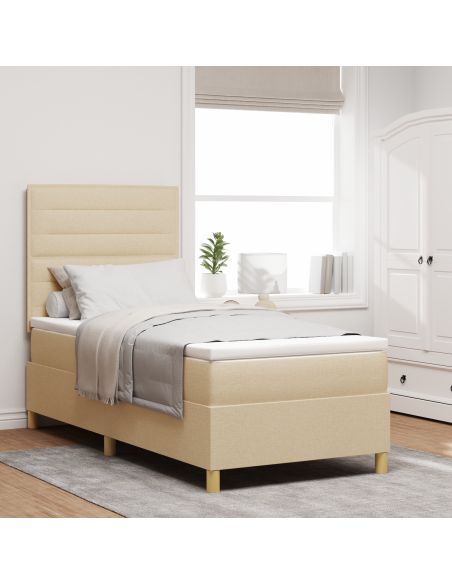 Letto Box Spring con Materasso & Luce LED Panna 90x200 cm Tessuto