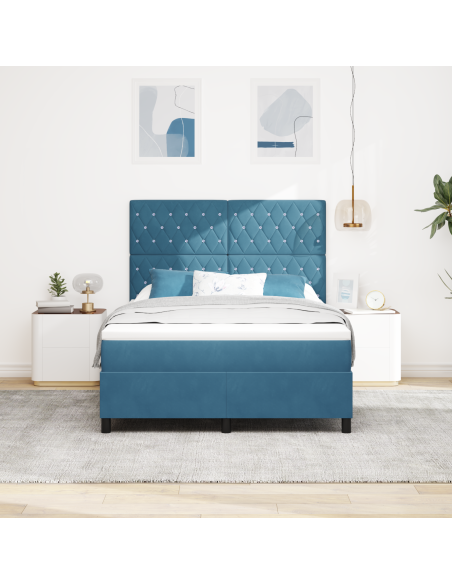 Letto a box spring con materasso e LED blu scuro 140x190 cm in velluto