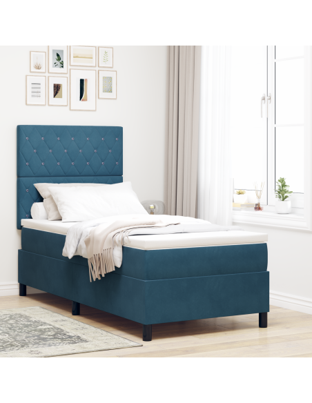 Letto Box Spring con Materasso e LED Blu Scuro 90x200 cm Velluto