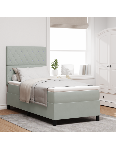 Letto Box Spring con Materasso e Luce LED Grigio Chiaro 100x200 cm Velluto