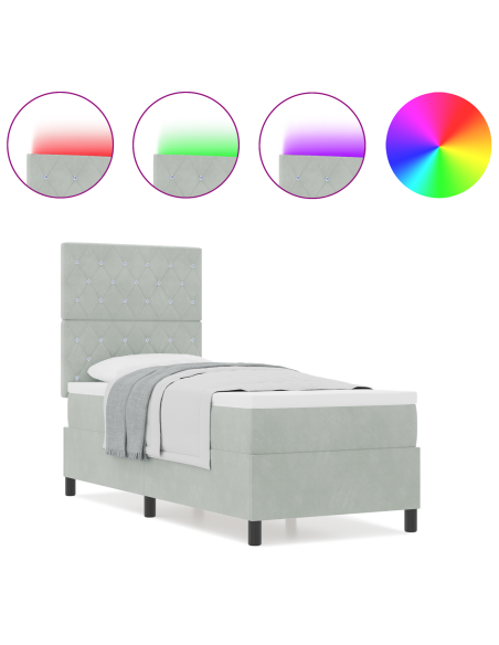 Letto Box Spring con Materasso e Luce LED Grigio Chiaro 80x200 cm Velluto