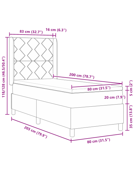 Letto con Box Spring e Materasso Grigio Scuro 80x200 cm in Velluto