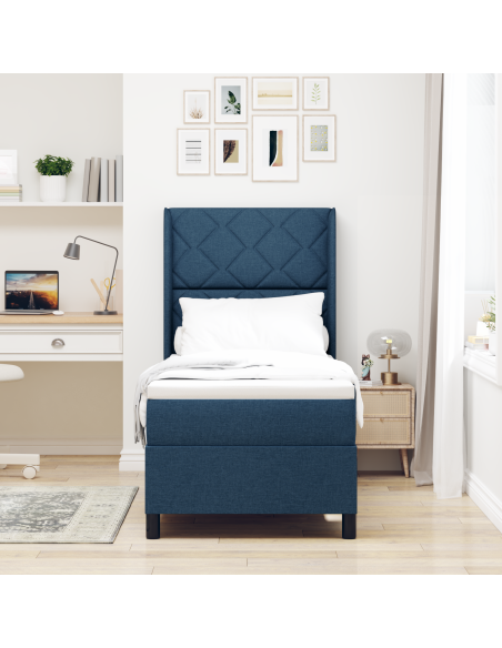 Letto Box Spring con Materasso e LED Blu 90x190 cm in Tessuto