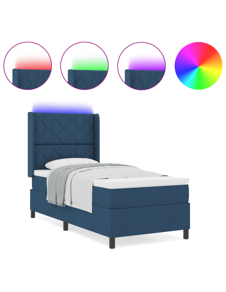 Letto a Box Spring con Materasso e LED Blu 90x200 cm in Tessuto