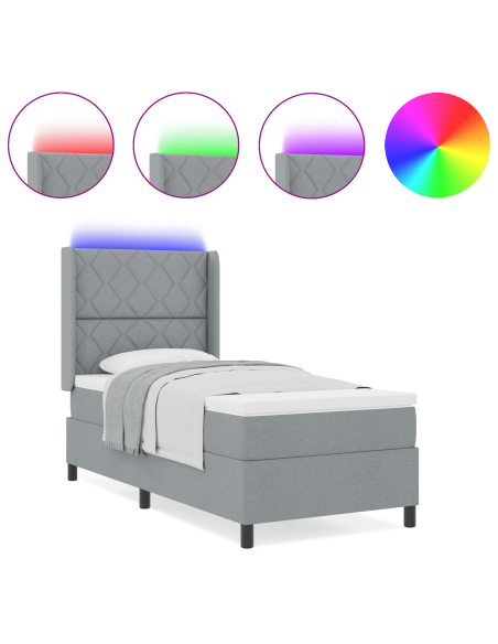 letto a molle con materasso e luce LED grigio chiaro 100x200 cm in tessuto