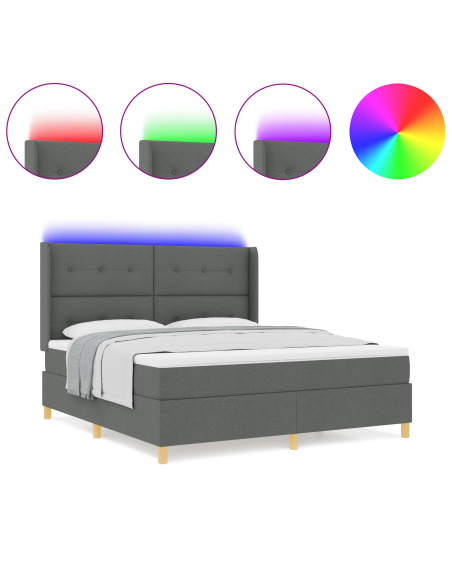 Box Spring Bed con Materasso e LED Grigio Scuro 180x200 cm Tessuto