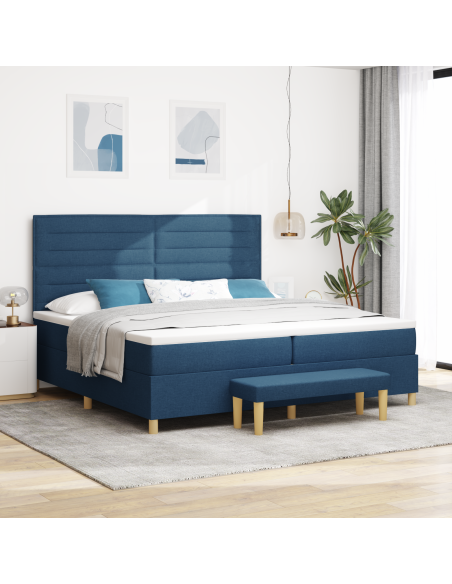 Letto Box Spring con Materasso e Panchina Blu 200x200 cm Tessuto